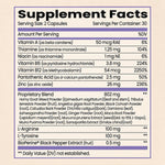 A Supplement Facts label showing a serving size of 2 capsules and 30 servings per container. It lists daily values for Vitamin A, Thiamine, Niacin, Vitamin B6, Vitamin B12, Pantothenic Acid, and Zinc. It also features an 802 mg Proprietary Blend containing herbal ingredients like Horny Goat Weed, Tribulus terrestris, and Ashwagandha, alongside 100 mg of L-Arginine, 100 mg of L-Tyrosine, and 0.5 mg of BioPerine Black Pepper Extract.